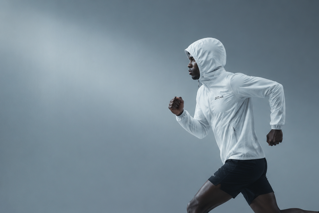 Runner in a white hooded jacket mid-stride during a training session