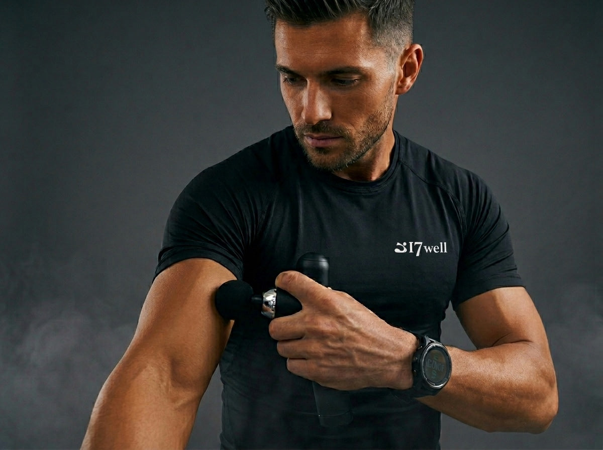 Man in a black 17Well t-shirt using a massage gun on his upper arm to release sore muscles