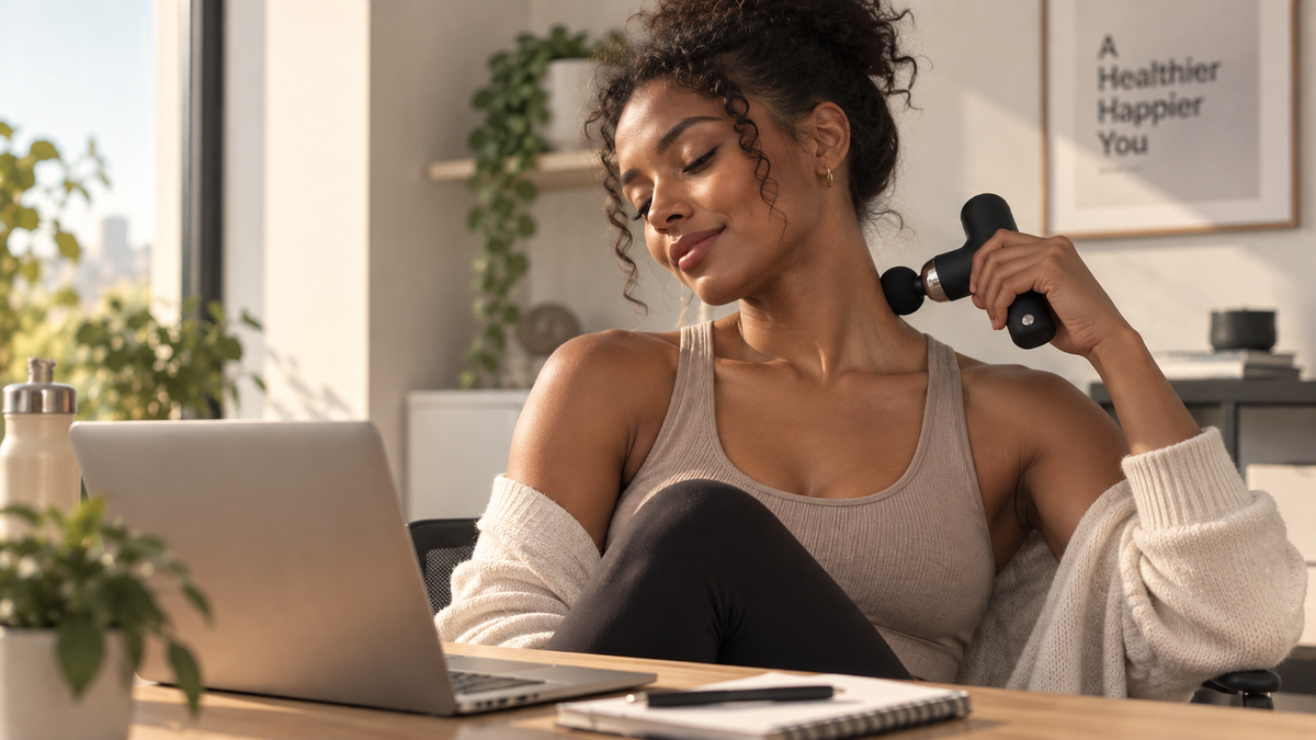 Woman using 17well mini massage gun at home for shoulder muscle recovery and relaxation