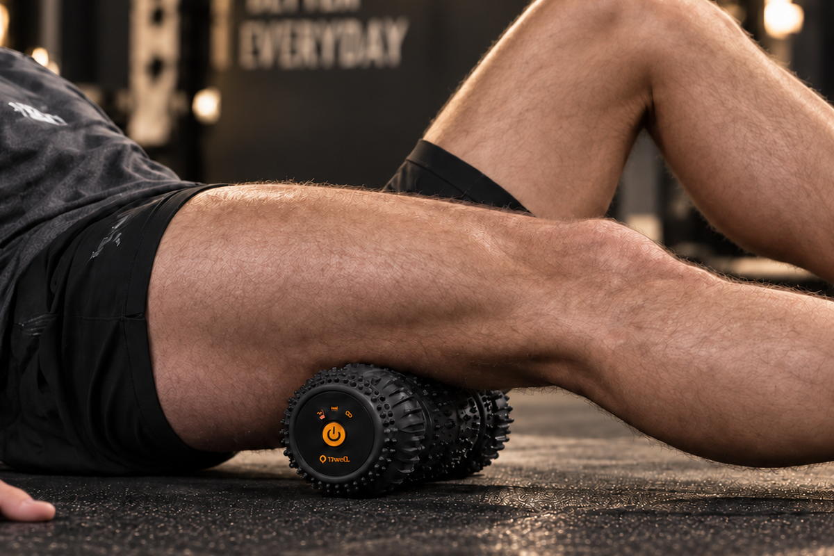 Athlete using 17well vibrating foam roller for muscle recovery and myofascial release after workout