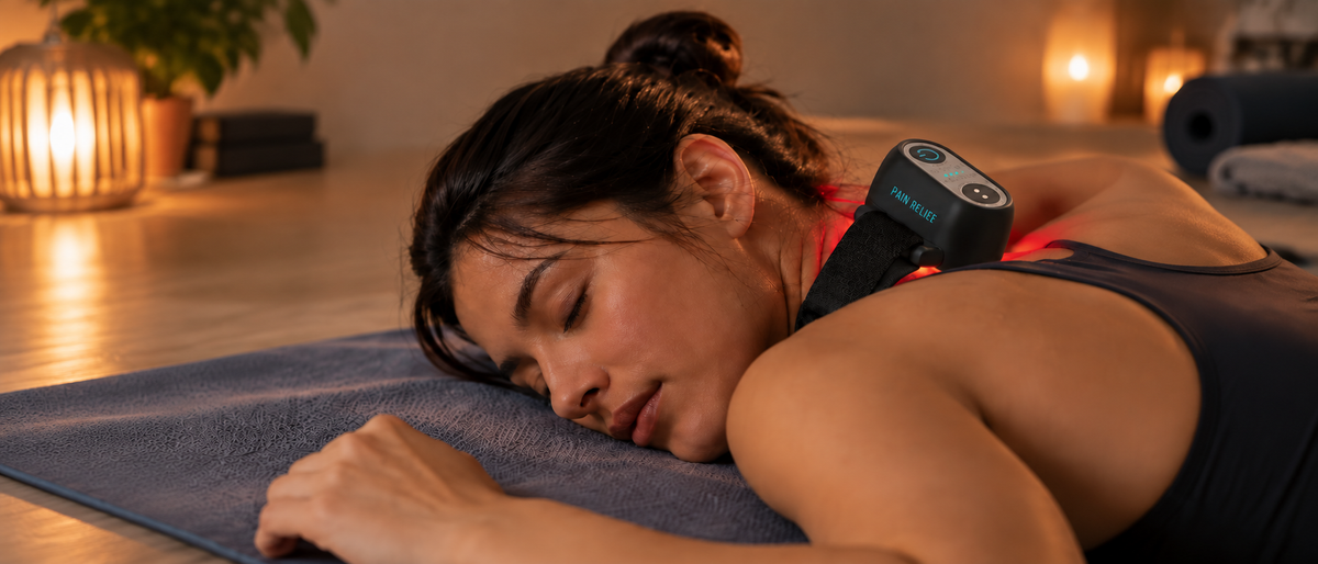 Woman using 17well red light therapy device at home for muscle recovery and relaxation