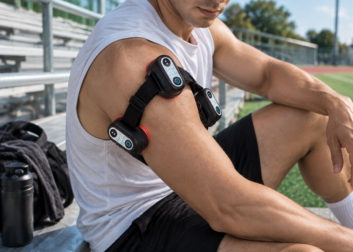 Athlete wearing a portable Red Light Therapy device on his bicep for muscle recovery while sitting on outdoor bleachers.