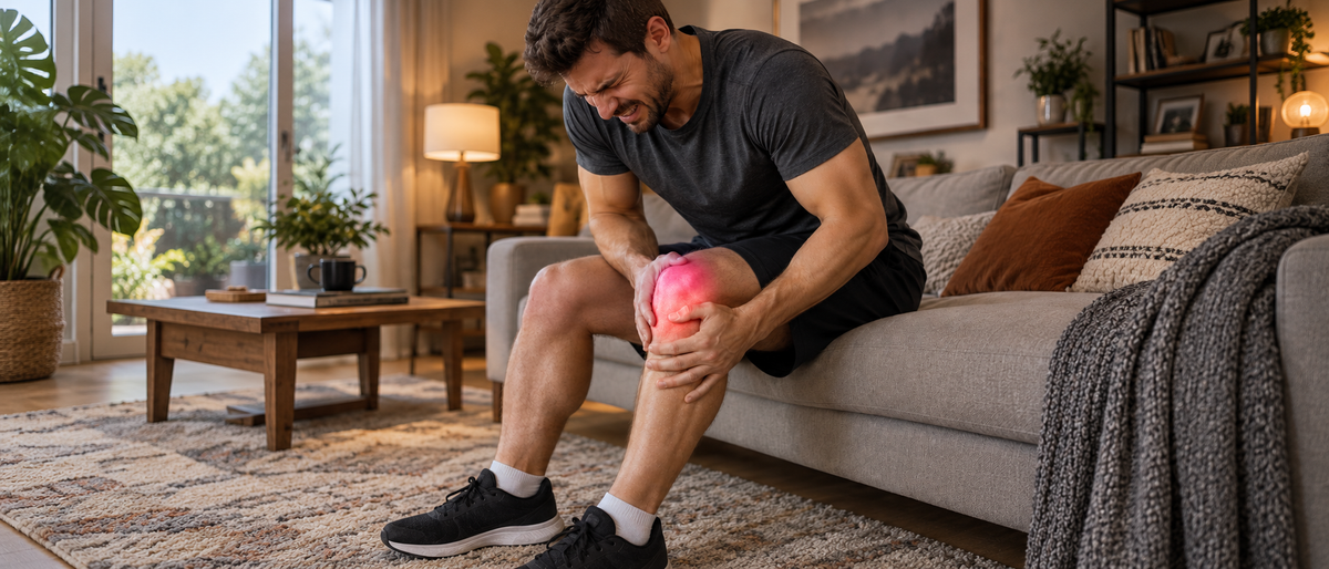 Man experiencing muscle tension before using 17well deep tissue percussion massager for recovery