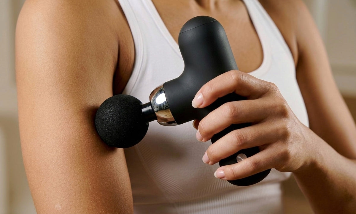 Woman using 17well handheld percussion massager for deep tissue muscle massage and recovery