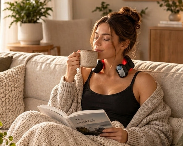 Woman using 17well red light therapy wrap at home for relaxation and daily muscle recovery