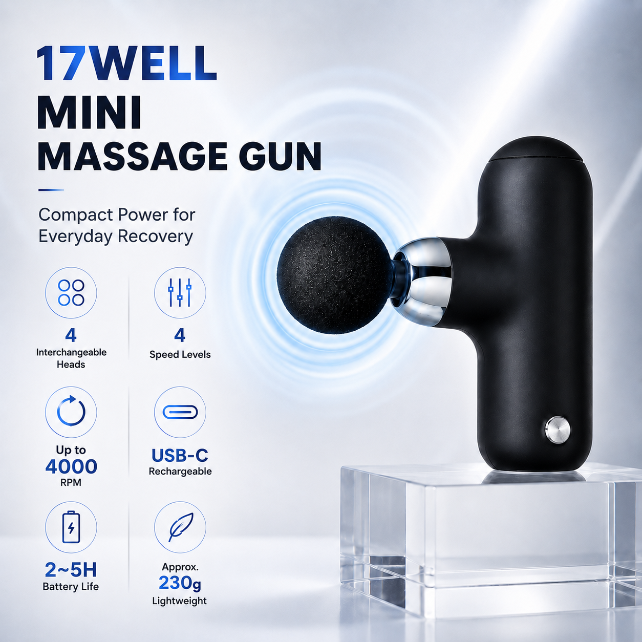 17Well massage gun with interchangeable massage heads