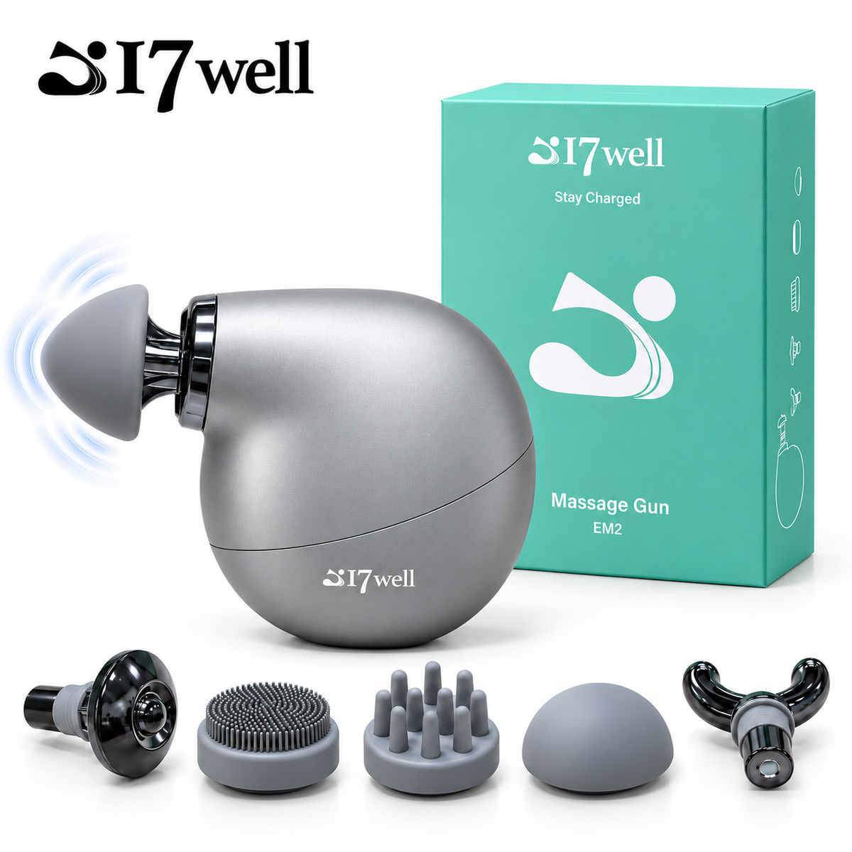 17Well EM2 Mini Massage Gun – Portable Percussion Massager for Everyday Muscle Recovery, 5 Speeds & 5 Massage Heads
